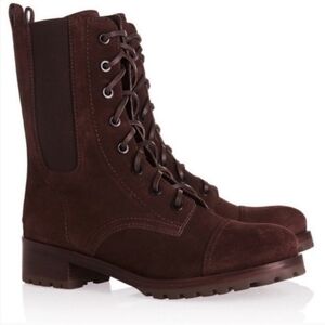 Tory Burch Broome Suede Leather Combat Lace Up Boots